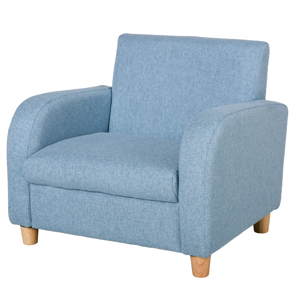 Poltroncina per Bambini Design Scandinavo in Tessuto di Lino e Legno con Braccioli Imbottiti e Seduta Comoda Blu