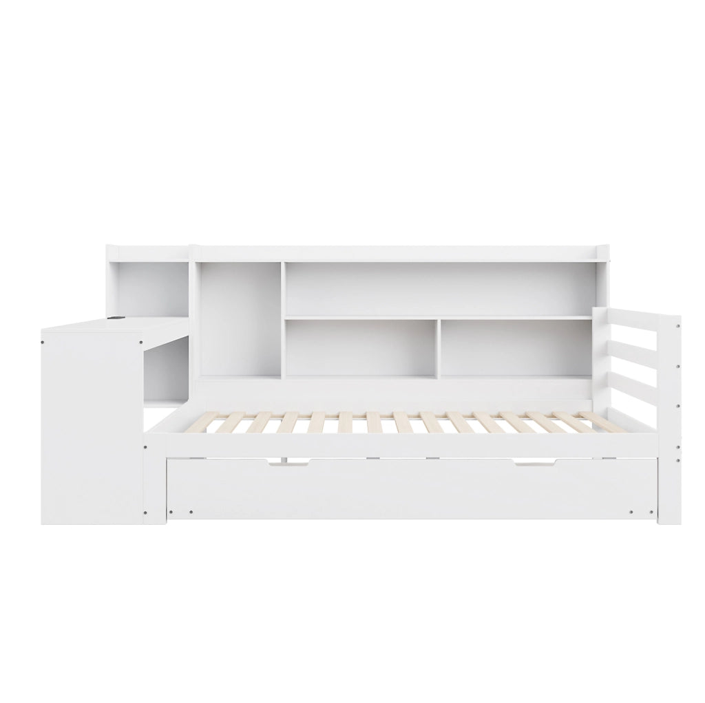 Letto multifunzione 90x200 cm in legno bianco con letto estraibile, scrivania e prese USB