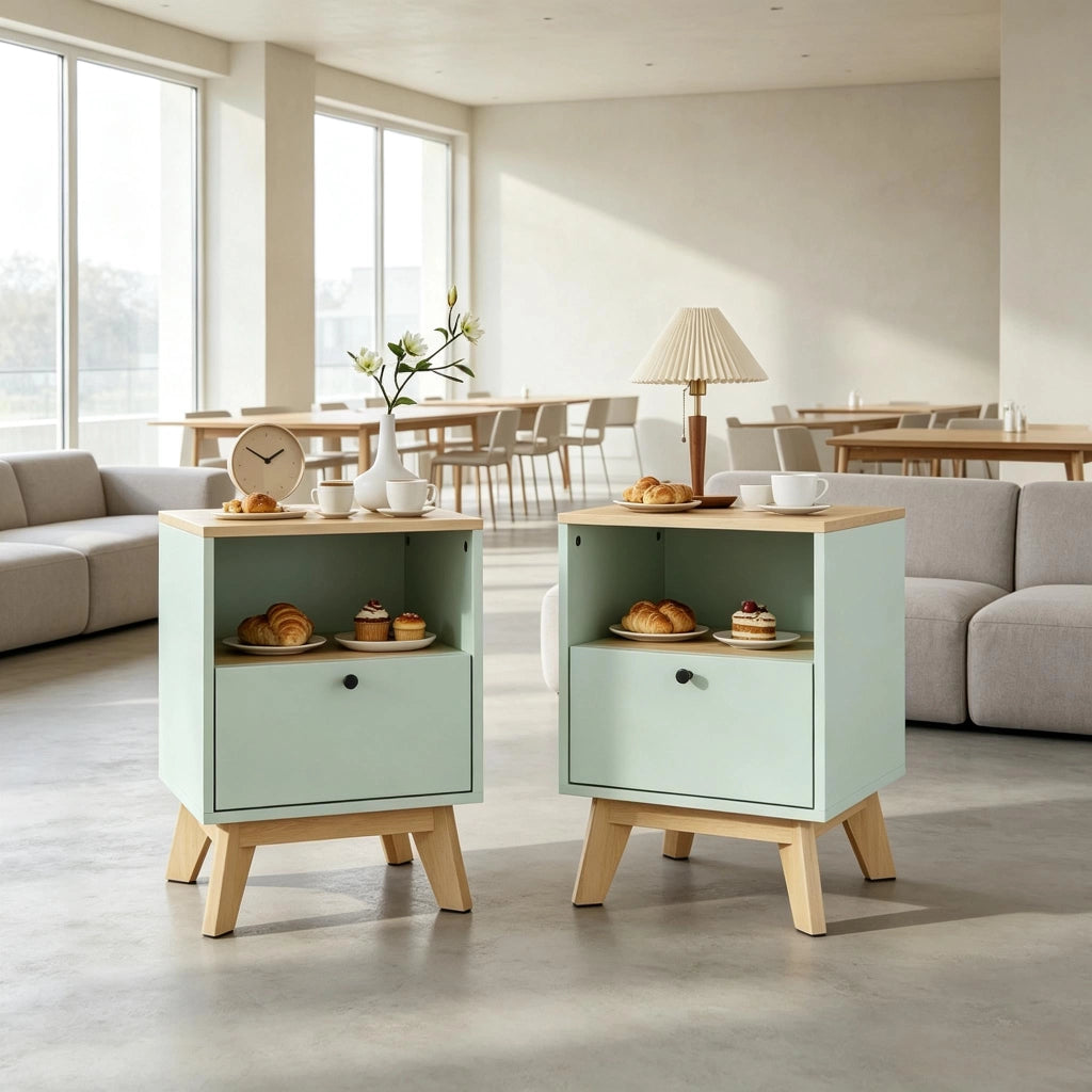 Set di 2 comodini moderni con cassetto e vano a giorno 40x40x55 cm verde chiaro