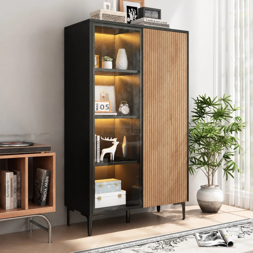 Vetrina da soggiorno con anta in vetro 90 x 40 x 135 cm, 2 ante e 8 vani, MDF e vetro, nero effetto legno