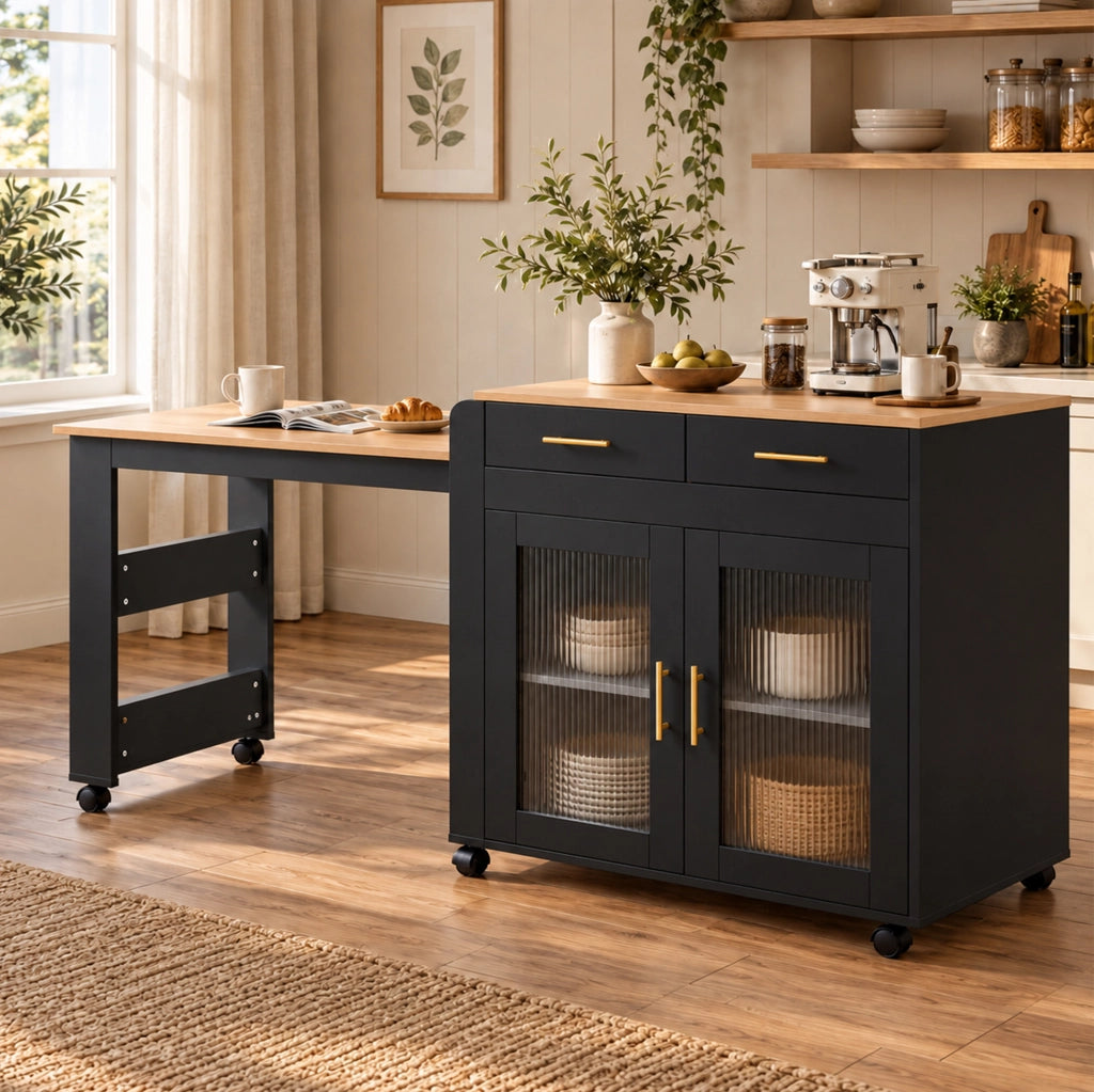 Isola cucina con tavolo estraibile 116-177 cm e prese USB; nera HOMVRA