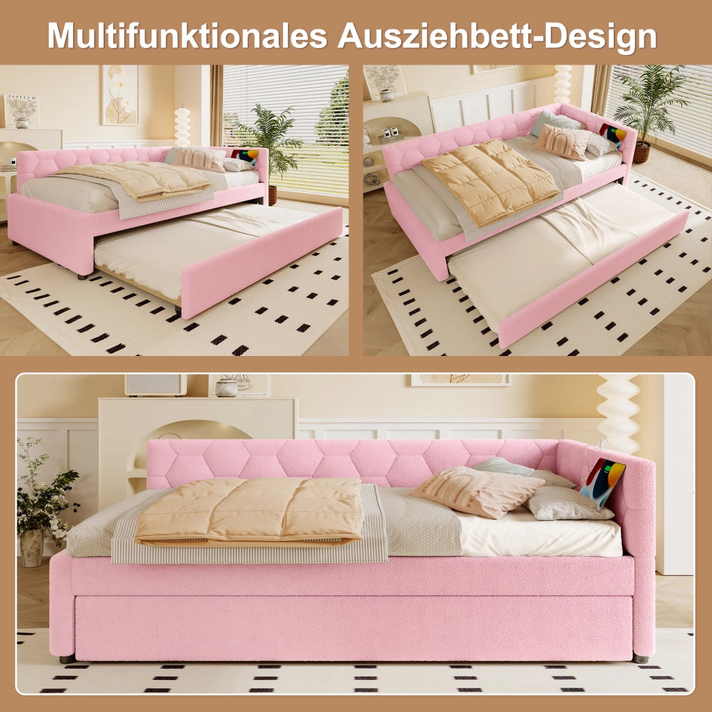 Letto singolo estraibile 90 × 200 cm con rete a doghe in bouclé rosa lampada da comodino usb e tipo c