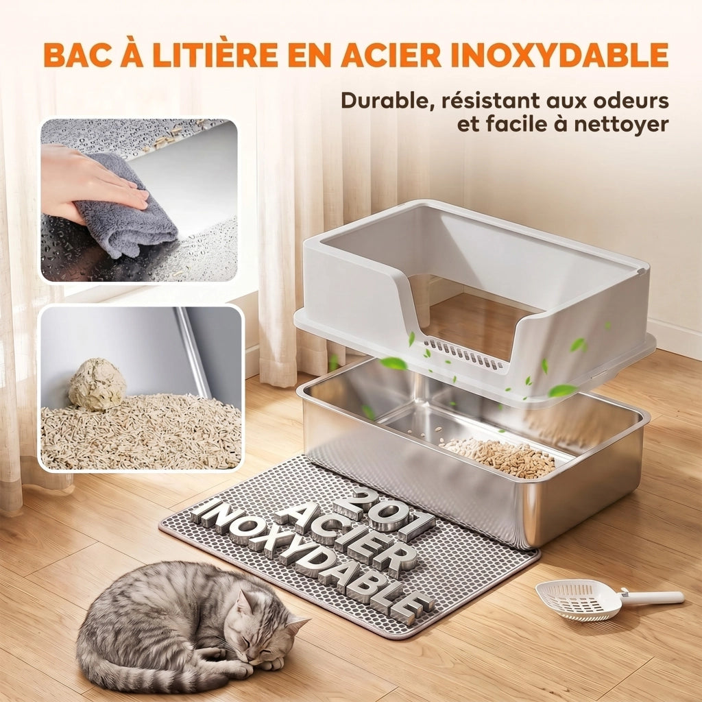 Bac Litière pour Chat en INOX XL Couvercle Bords Hauts Pelle Tapis