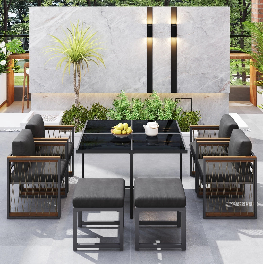 Set da pranzo da esterno 7 pezzi per 6 persone con tavolo quadrato in vetro temprato e sedie con braccioli in legno-plastica