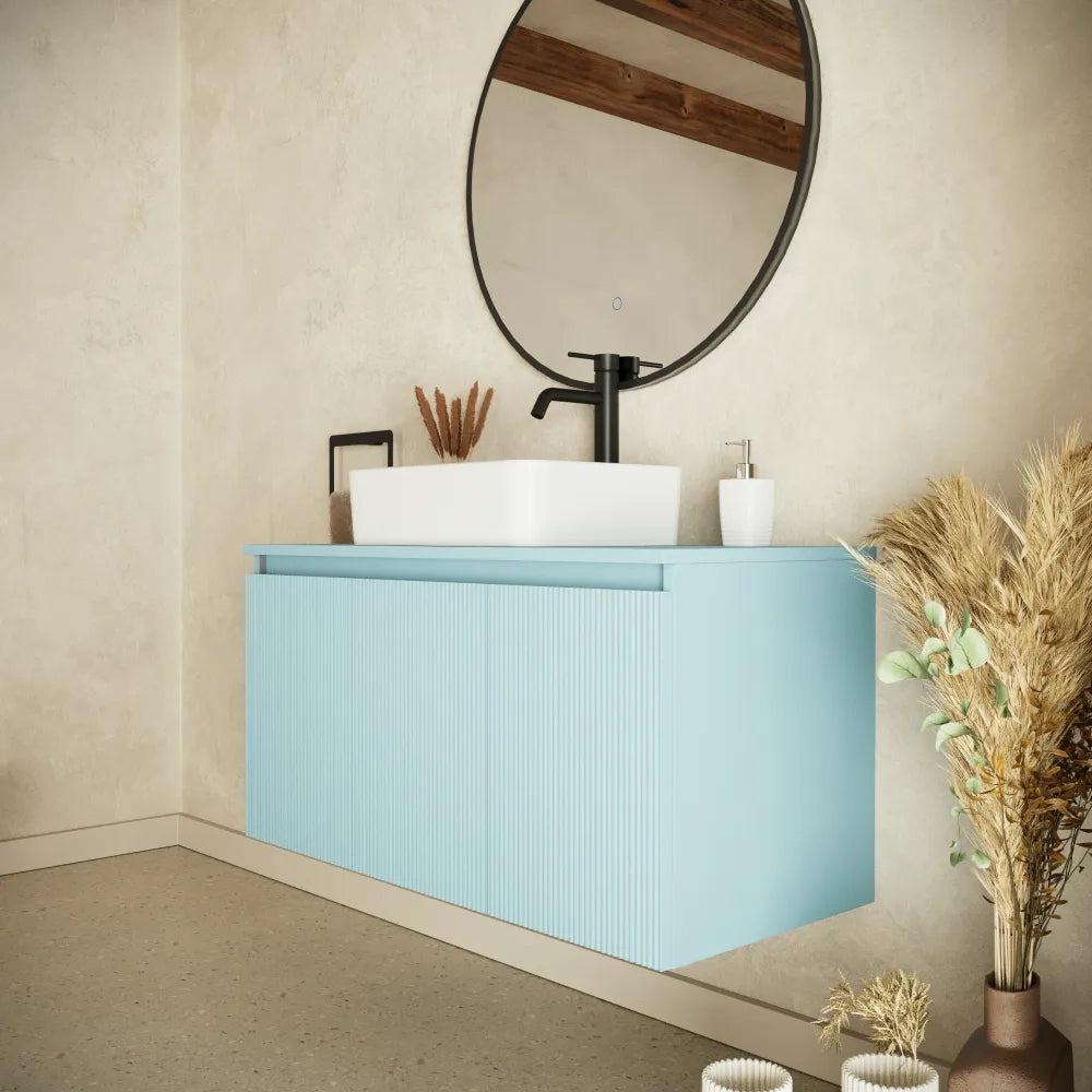 Mobile bagno sospeso 100cm carta da zucchero cannettato 3 ante con top | Pelion
