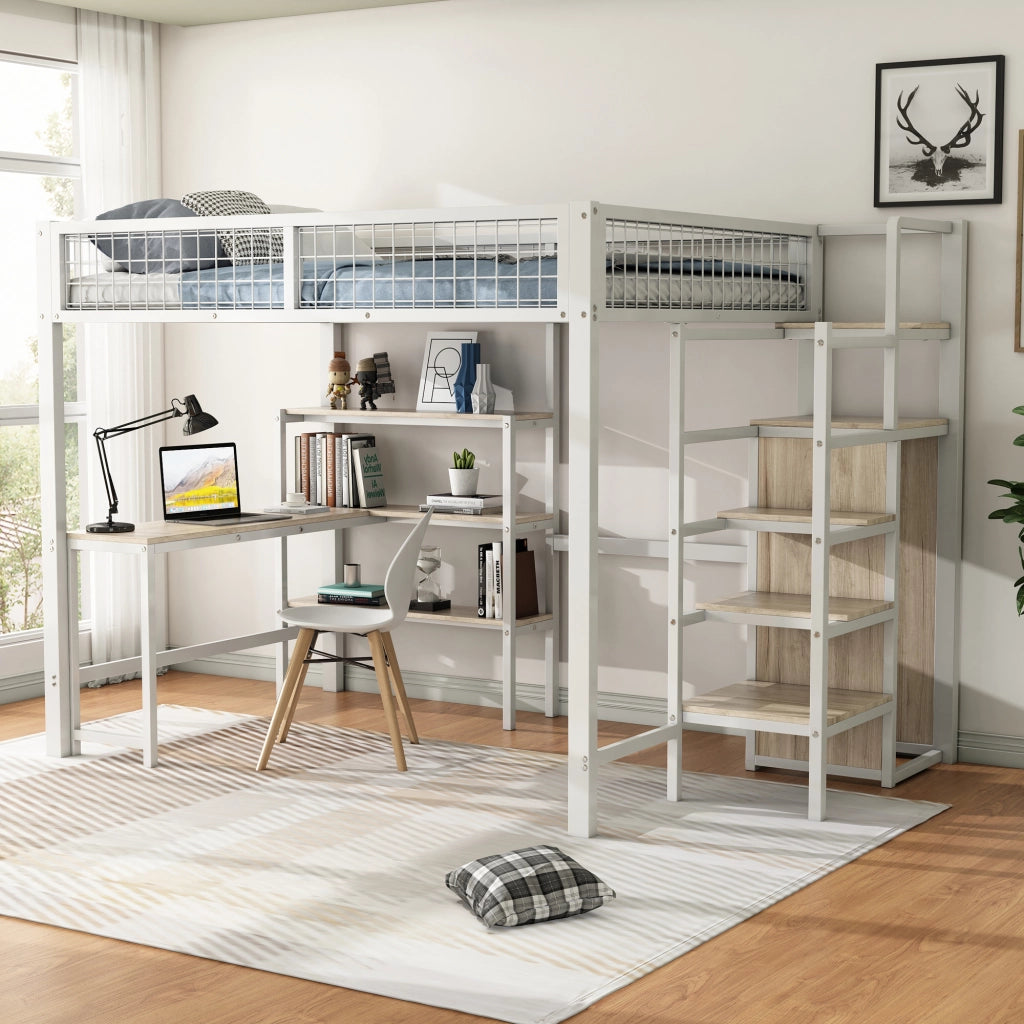 Letto a soppalco 140 × 200 cm con scrivania; ripiani e armadio integrato in metallo e MDF bianco