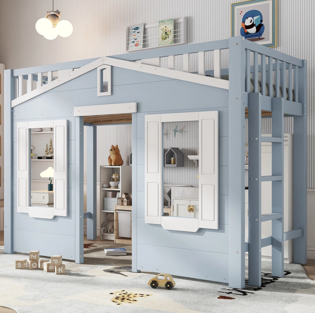 Letto a castello per bambini con scala reversibile e finestra decorativa
