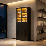Set di 2 Vetrine Nero 70×34×180 cm in Truciolato con 2 Ante in Vetro, 2 Cassetti e Illuminazione LED Bluetooth