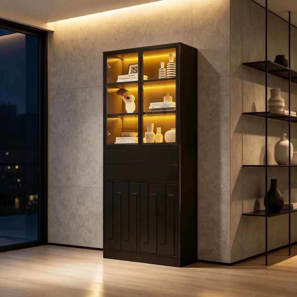 Set di 2 Vetrine Nero 70×34×180 cm in Truciolato con 2 Ante in Vetro, 2 Cassetti e Illuminazione LED Bluetooth