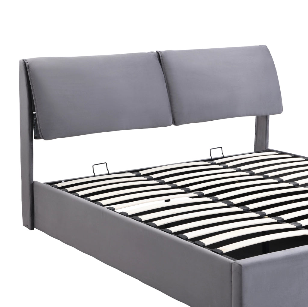 Letto imbottito 180x200 cm con contenitore idraulico, 3 cassetti e testiera in velluto grigio, senza materasso