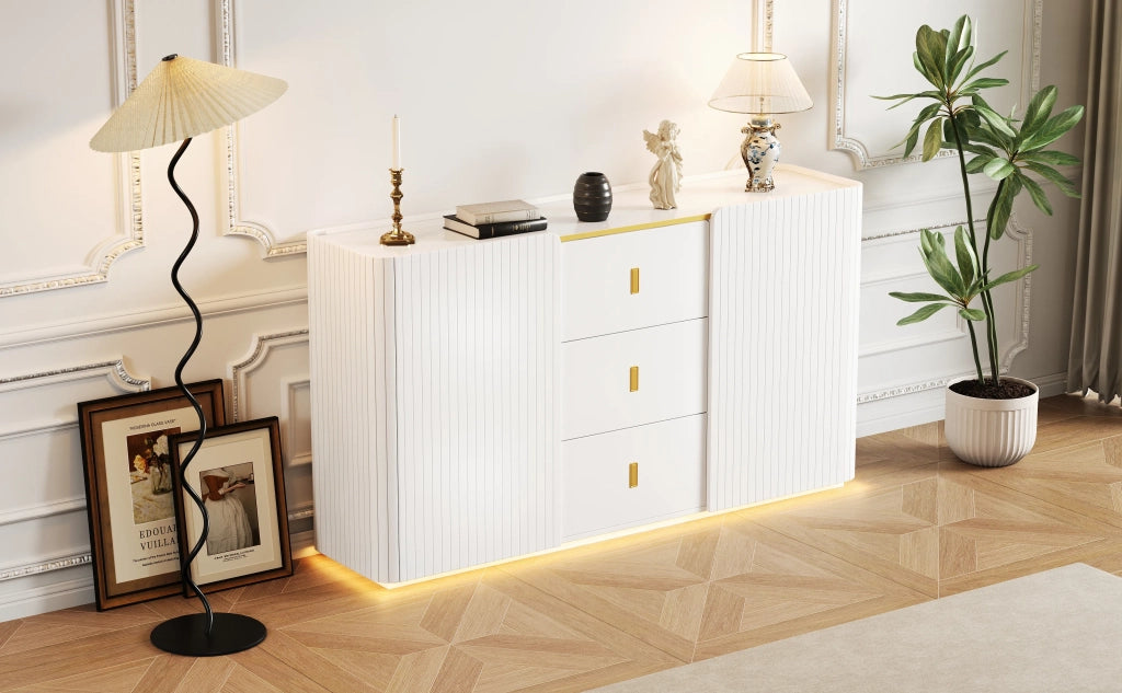 Sideboard Bianco 150x35x80 cm con Illuminazione LED, 2 Ante e 2 Cassetti