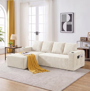 Divano modulare a L con chaise longue reversibile e portabicchieri in velluto a coste beige