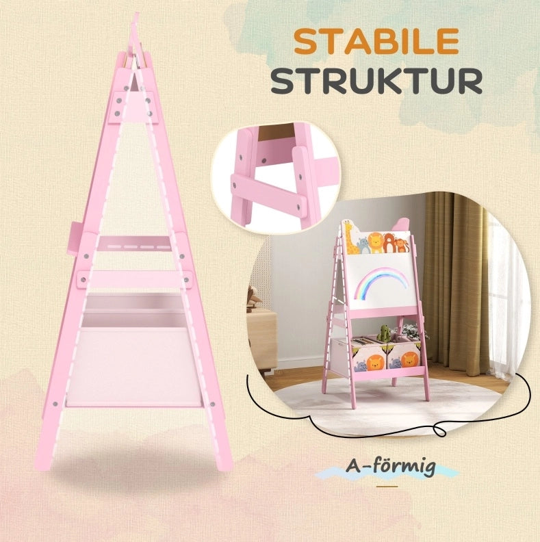 Cavalletto per bambini ULEVR 49x53,5x113 cm con lavagna e lavagna bianca, 2 contenitori, rosa