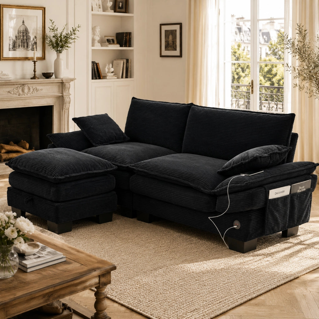 Divano 2 posti modulare in velluto a coste con pouf, struttura ergonomica, schiuma ad alta densità, USB-C, nero