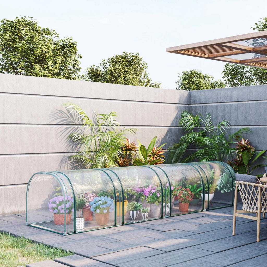 Serra a tunnel per orto e giardino 395 x 100 x 80 cm, telaio in acciaio e 4 finestre con zip, telo trasparente