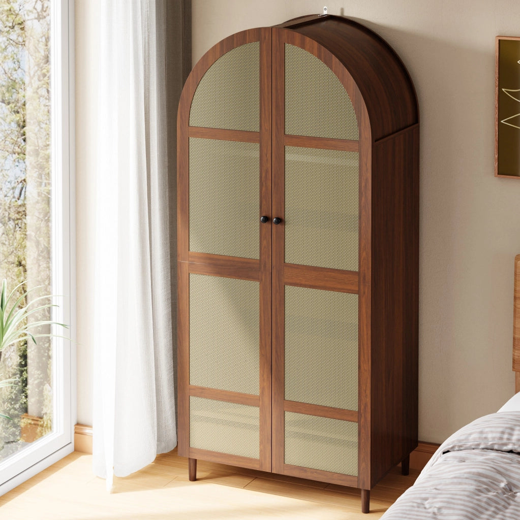 Armadio guardaroba 80x50x179 cm con ante in rattan e cassetti color noce HAVRYA