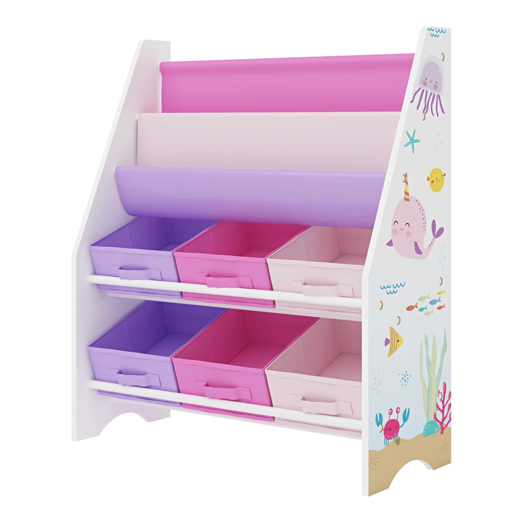 Scaffale dal design senza tempo per soggiorno/camera da letto mobile contenitore per bambini Ponteceso con 6 scomparti aperti bianco/rosa/viola 03_0011181