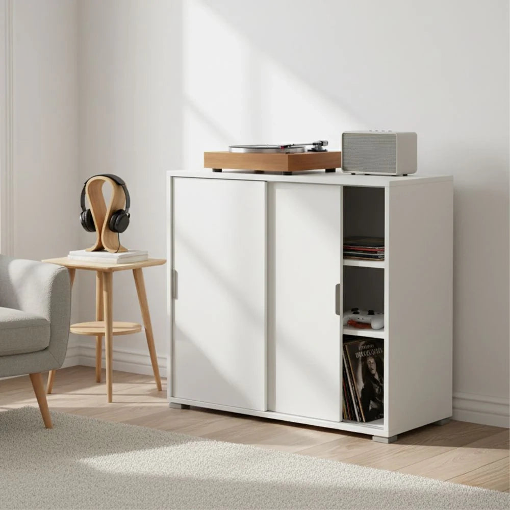 Mobiletto Base 2 Ante Scorrevoli Bianco | Armadietto Salvaspazio Moderno con 2 Ripiani Regolabili | Già Assemblato per Soggiorno, Ingresso, Bagno, Lavanderia, Studio e Cameretta