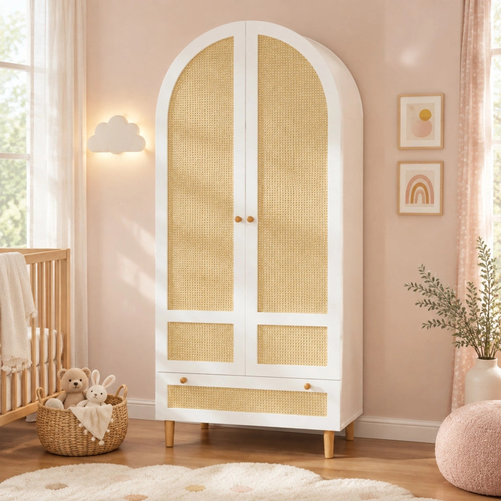 Armadio con asta appendiabiti; cassetto e chiusura soft close; MDF bianco e rattan 80 × 50 × 180 cm