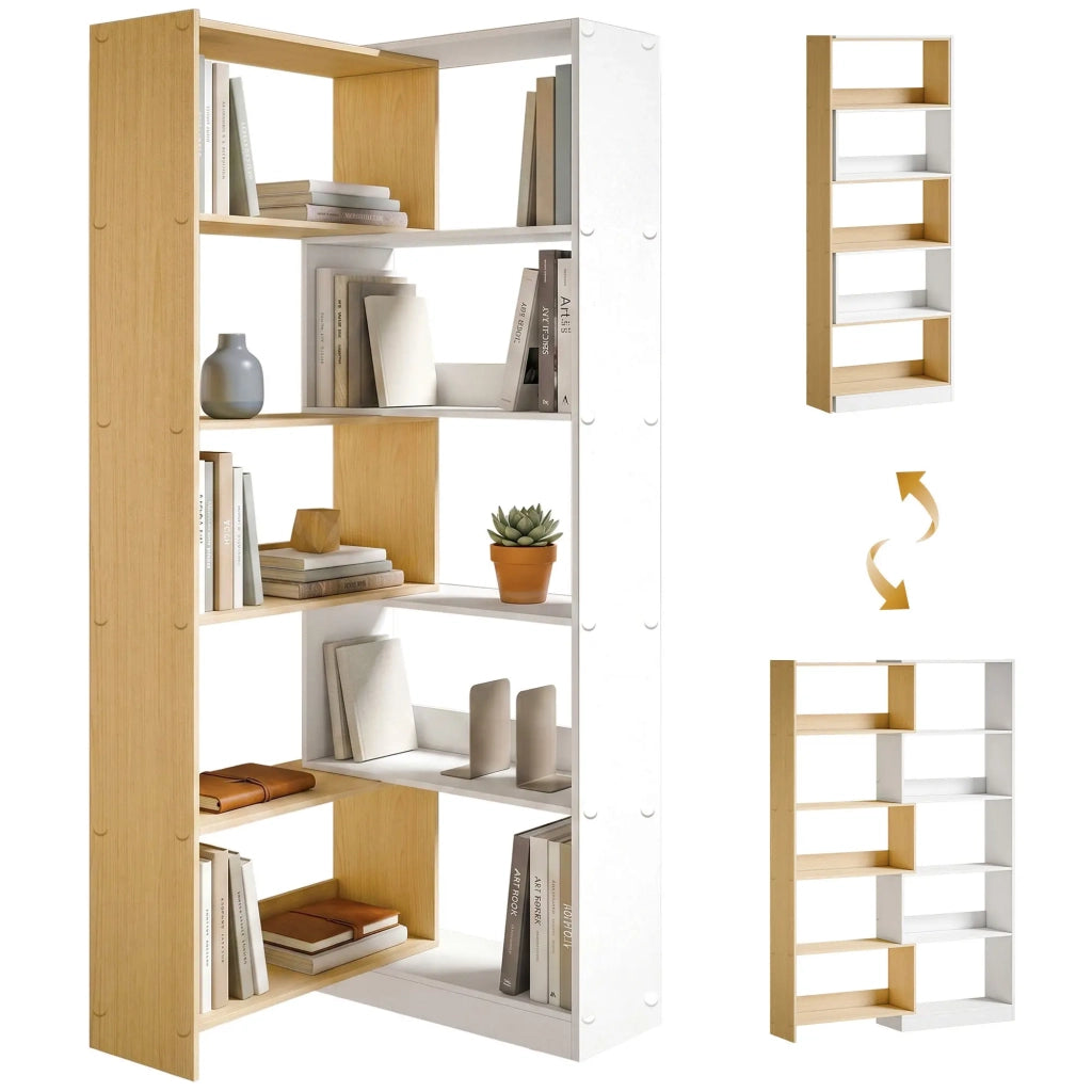 Libreria 111.5x23.8x163.7 cm trasformabile in truciolare naturale e bianco