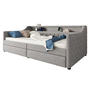 Letto divano singolo 90 × 200 cm con 2 cassetti; USB e LED regolabile; senza materasso; in lino; grigio