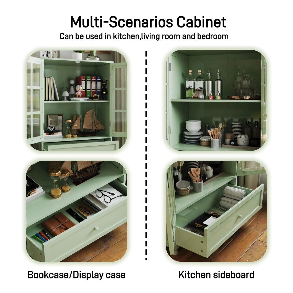 Mobile Buffet Minimalista Verde Menta con 2 Ante in Vetro e Cassetti, Credenza in Legno Moderna per Soggiorno, Sala da Pranzo, Ingresso