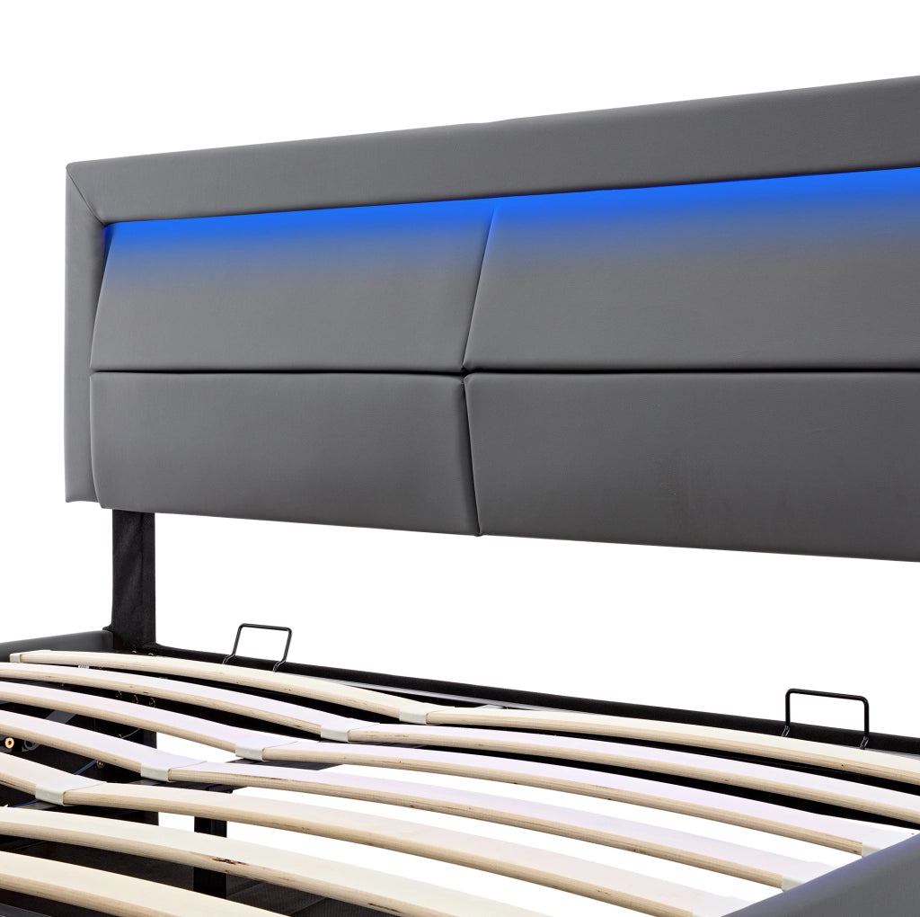 Letto imbottito 140x190 cm USB e LED con contenitore PU grigio (Senza materasso)