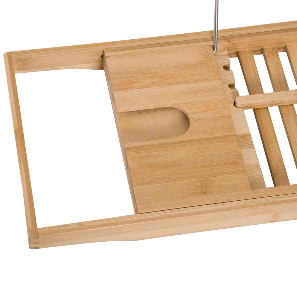 Ripiano per vasca da bagno in bambù naturale, regolabile 70-105x21,8x5 cm, con supporti in acciaio inossidabile