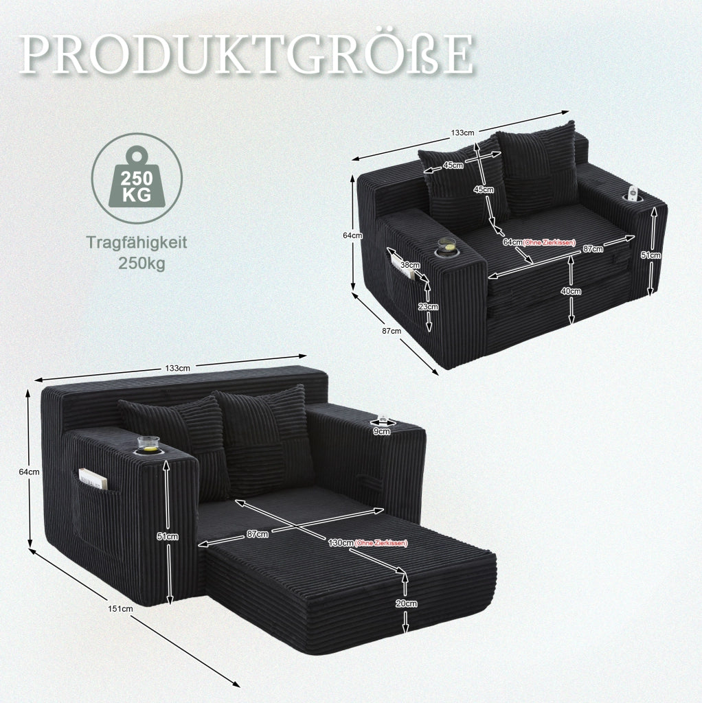 Divano pouf in velluto a coste nero 151x133 cm con tasche laterali e 2 cuscini HOMVRA