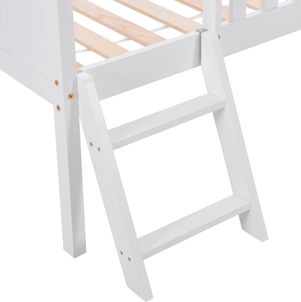 Letto a soppalco per bambini 200x90 cm con cassetti e ripiani, barriera anti-caduta, bianco, in legno di pino