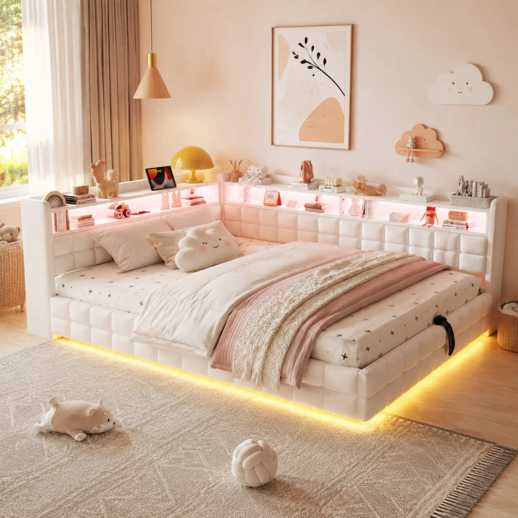 Divano letto imbottito ULEVR 140x200 cm con vano idraulico, LED, presa USB e Type-C, velluto beige