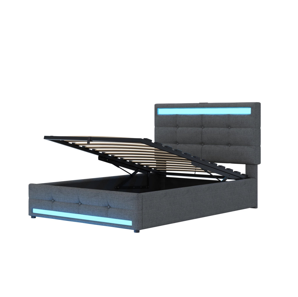 Letto imbottito LED con USB e contenitore visivo moderno