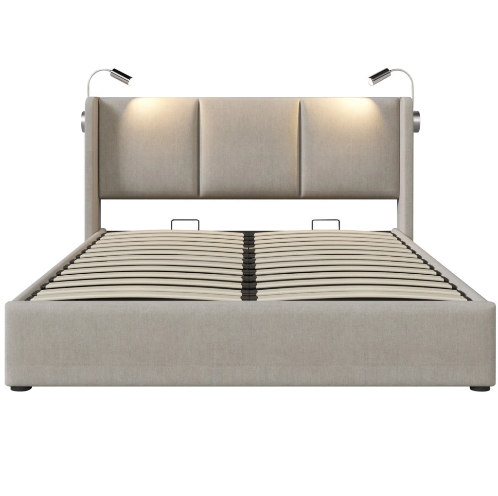 Letto imbottito 140x200 cm con contenitore, luce da lettura USB e rivestimento in lino beige
