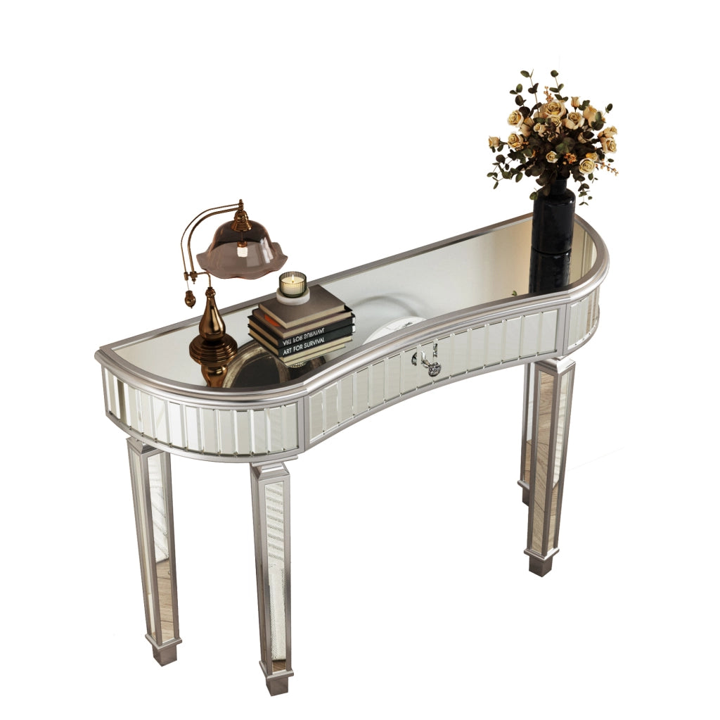 Consolle a mezzaluna con specchio 120x38x78 cm con cassetto; vetro scanalato grigio e argento HOMVRA