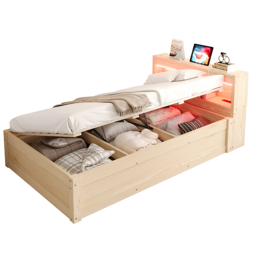 Letto singolo multifunzione in legno massello 90x200 cm con presa elettrica, LED colorati e contenitore idraulico