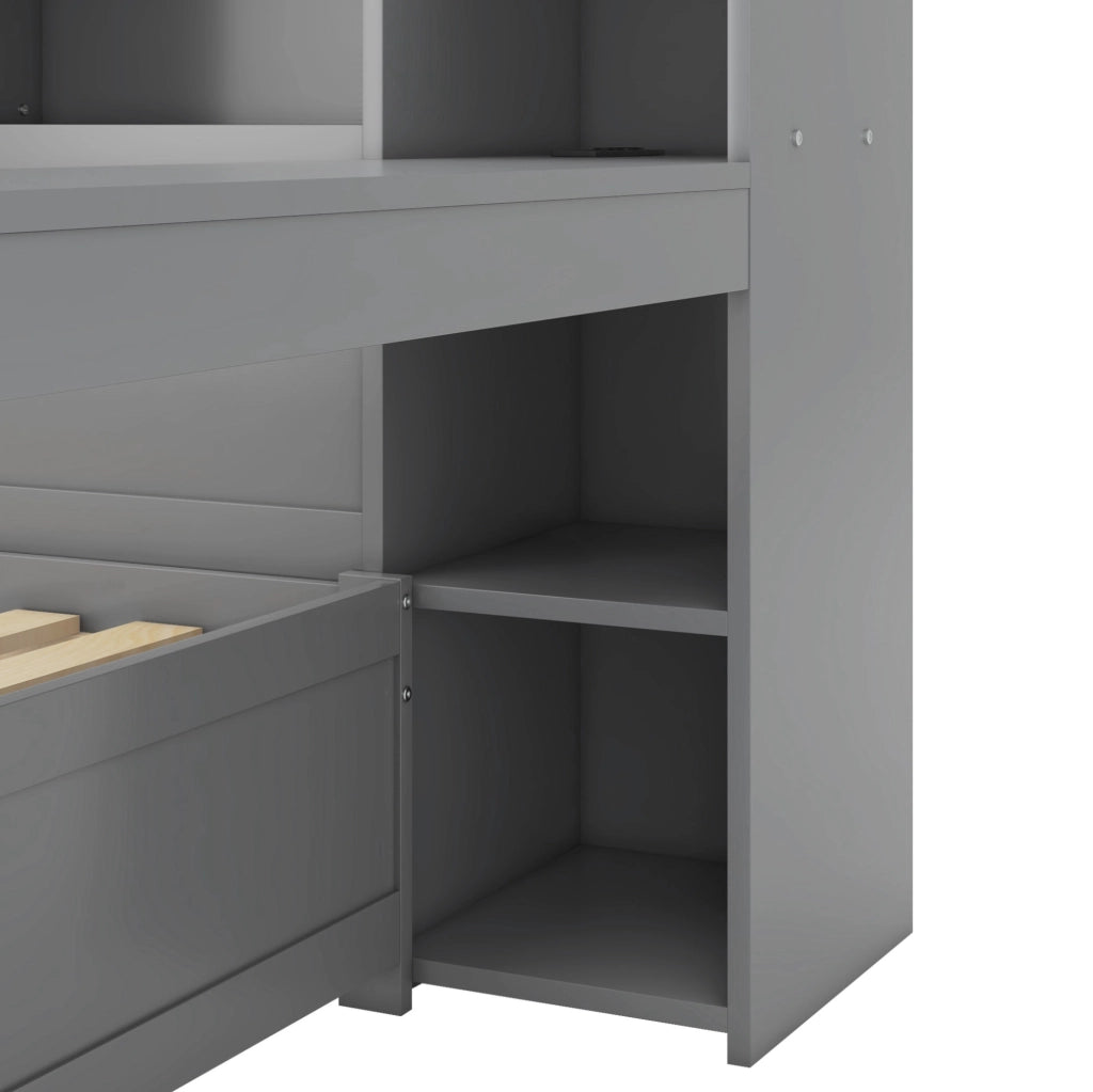 Letto Daybed 90x200 cm con 2 Cassetti, Porta USB e Presa, Scrivania Incorporata, Spagna e MDF, Grigio