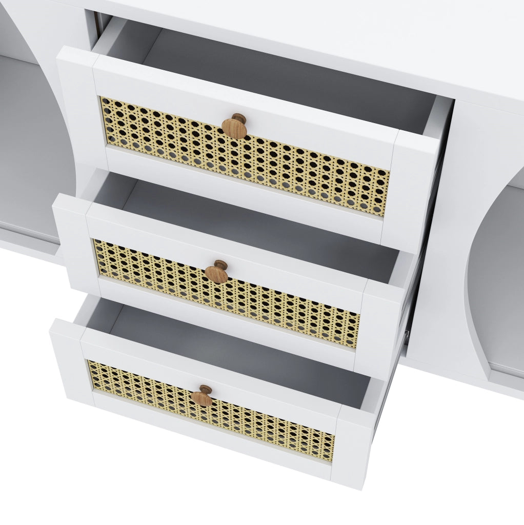 Credenza bianca e color legno con 3 cassetti in rattan