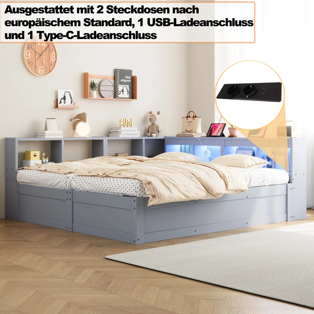 Letto modulabile 2 posti 90x200/180x200 grigio con LED， prese e contenitore， senza materasso