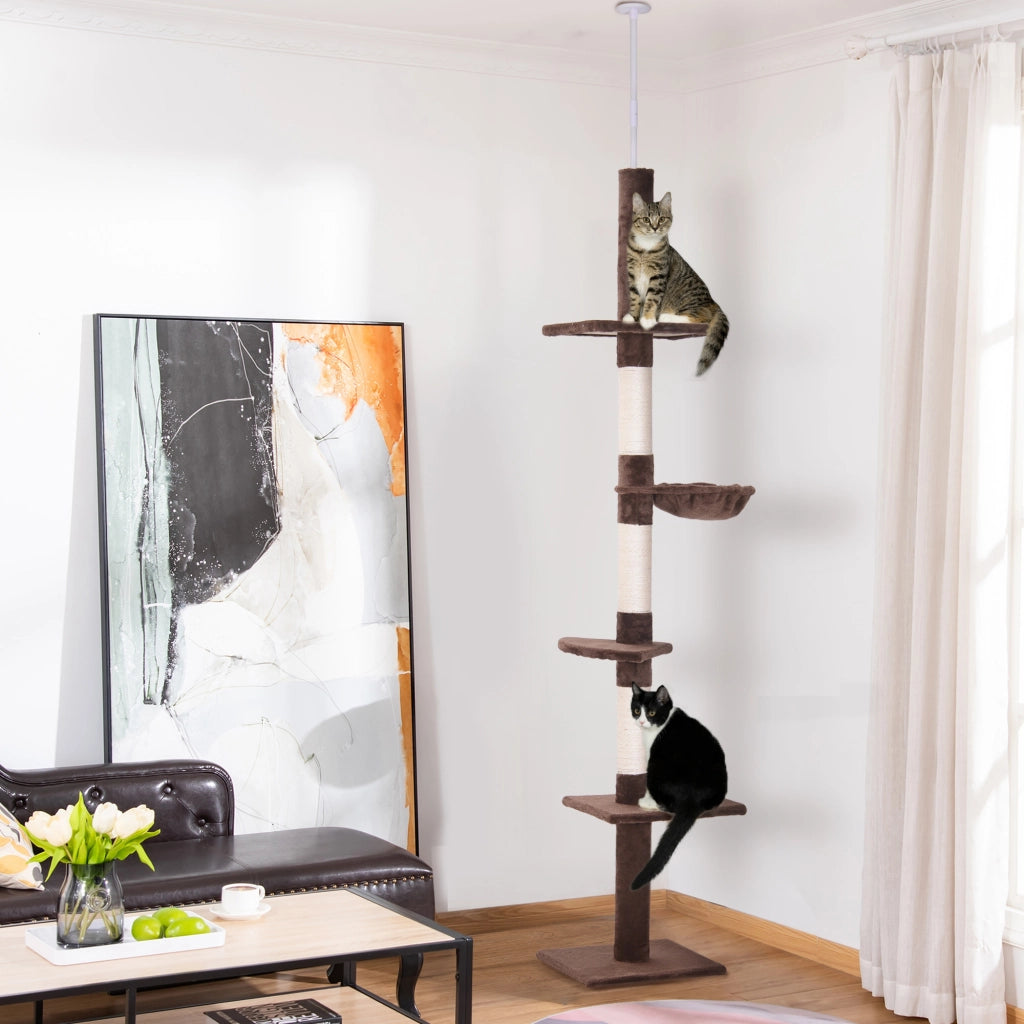 Albero tiragraffi multilivello a soffitto per gatti in sisal e peluche marrone con amaca regolabile 40x34x230-260cm