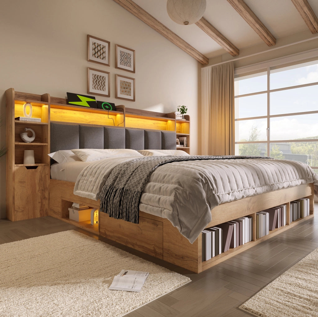 Letto matrimoniale 180x200 cm in rovere con testiera imbottita e illuminazione LED, comodini con porte USB e cassetti con ruote, rete a doghe in legno senza materasso
