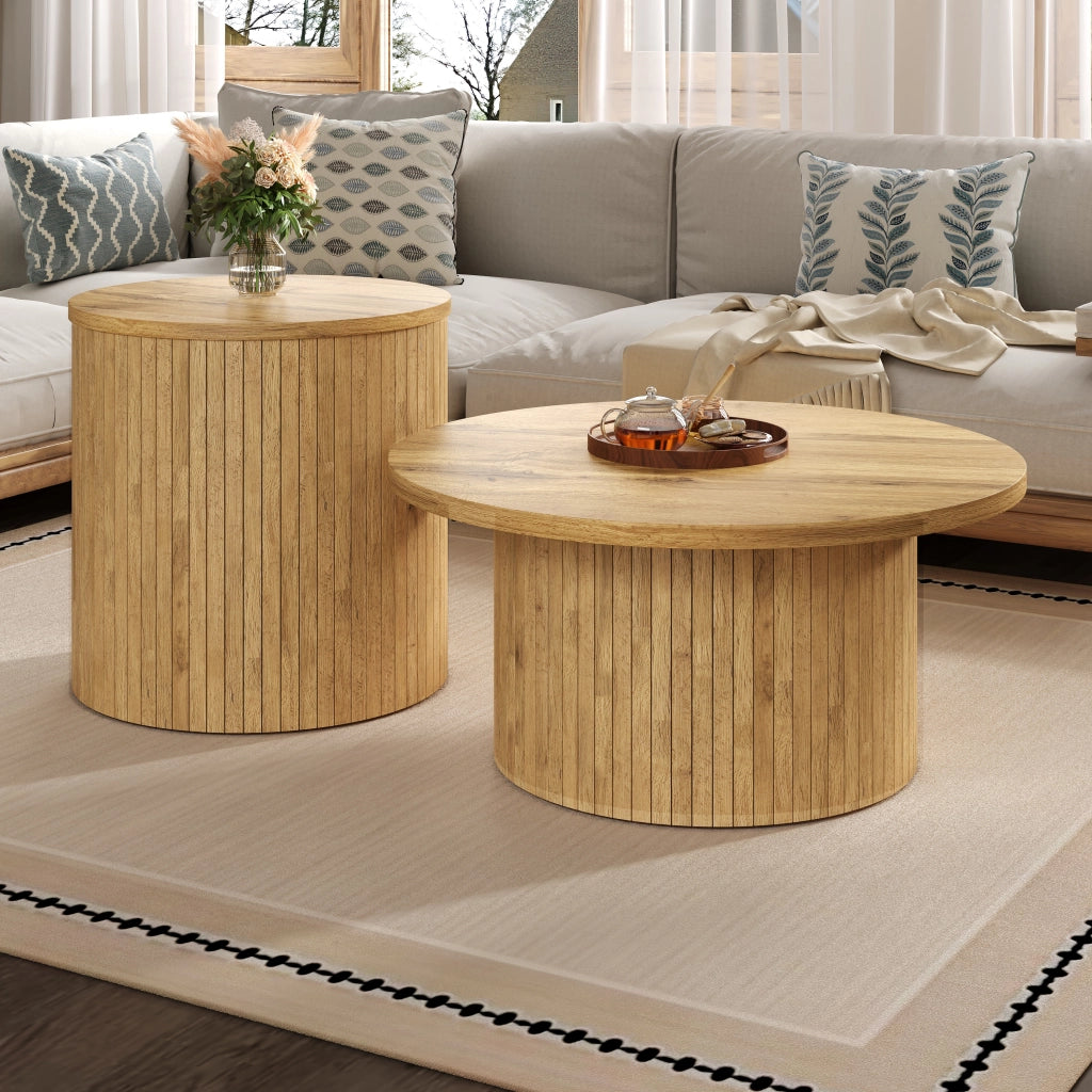 OKWISH Tavolini da Salotto Impilabili Rotondi con Doppia Struttura Separabile, Stile Minimalista, MDF, Naturale