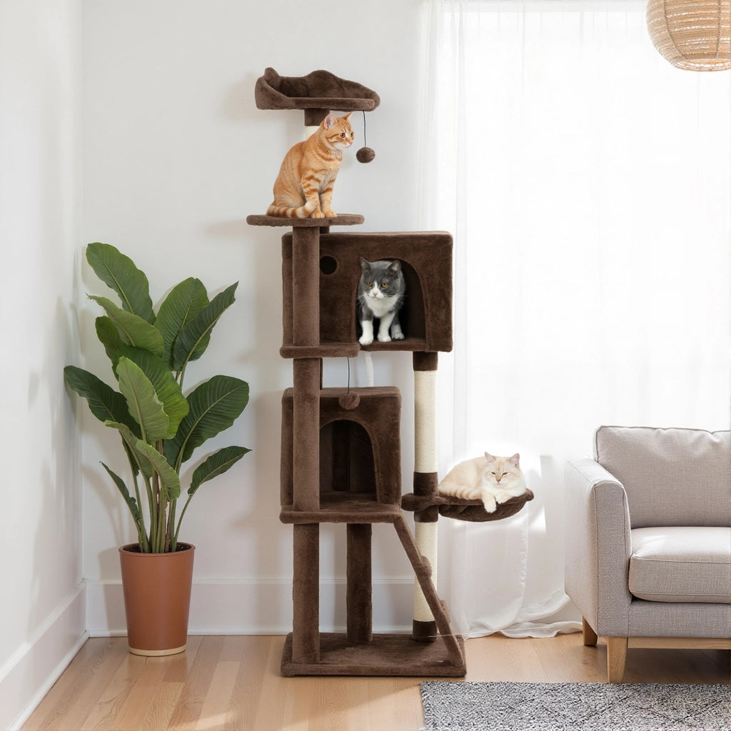 Albero tiragraffi per gatti con piattaforme, letto, amaca e scale ¨C zephmum ¨C marrone, 160 cm