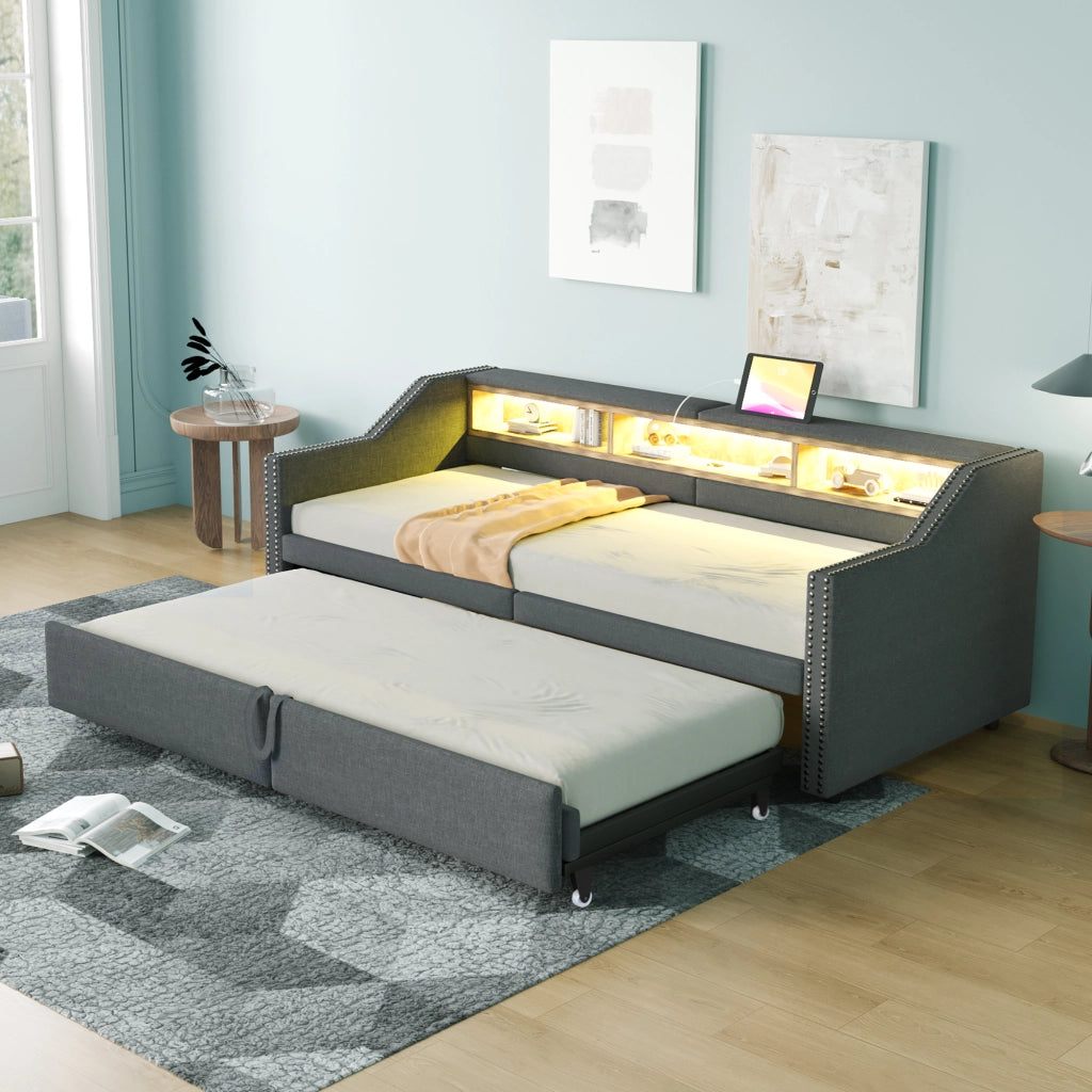 Divano letto estraibile 90/180x200 cm con LED; USB e ripiani laterali; lino grigio scuro