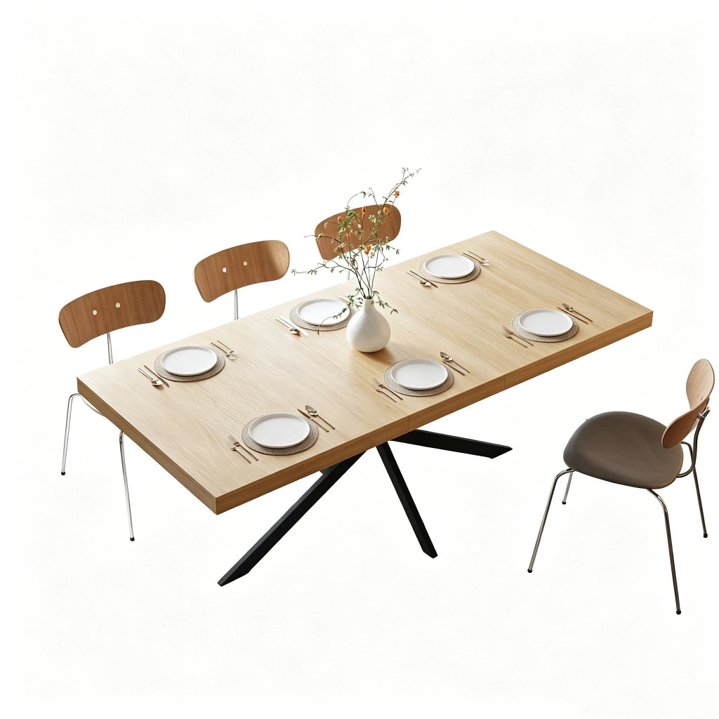 Tavolo allungabile da pranzo con vano contenitore piano in MDF naturale base in metallo nero 140-180 × 80 × 76 cm
