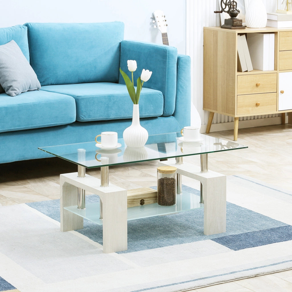 Tavolino da Caff¨¨ Moderno a 2 Livelli in Vetro e Legno, 90x50x42cm, Bianco