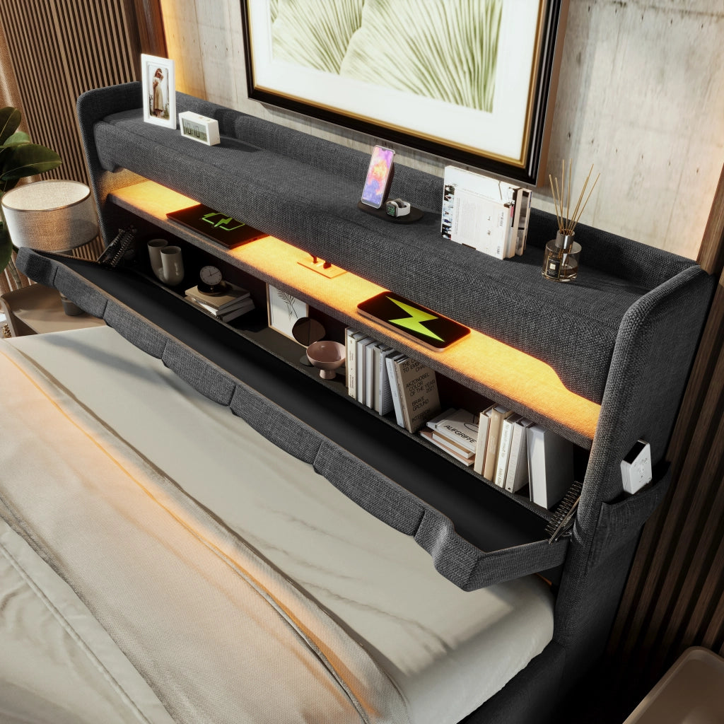 DESMIU Letto contenitore 160 × 200 cm 2 posti con LED, USB, Type C, senza materasso, grigio