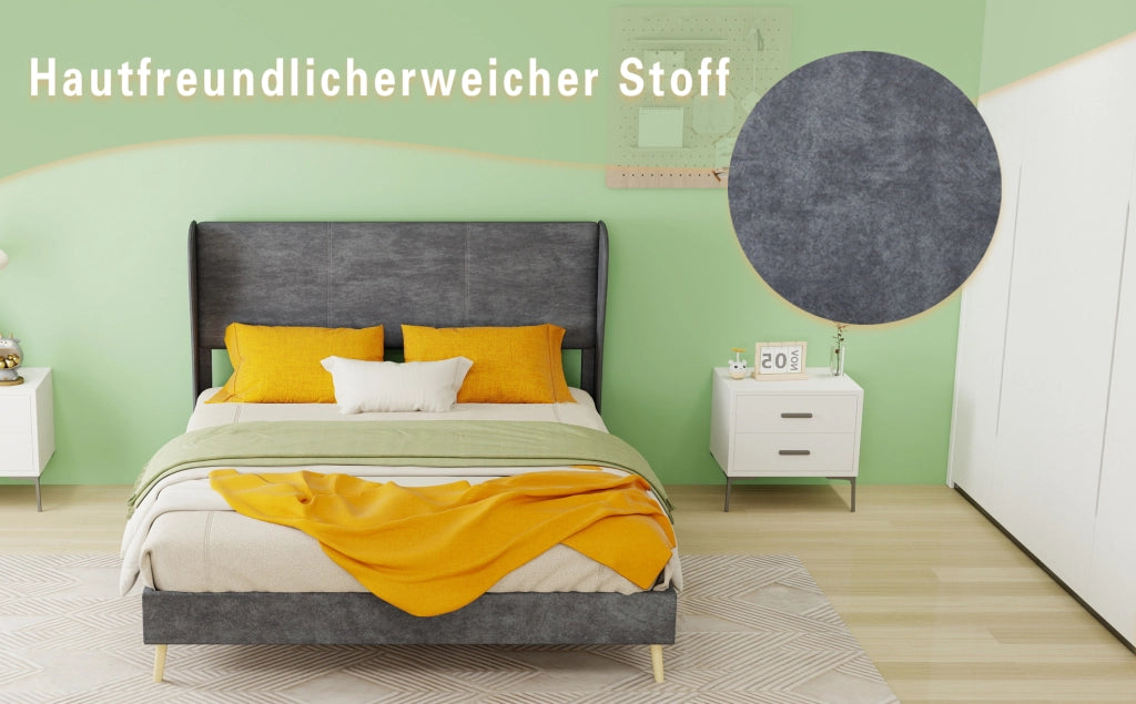 Letto Moderno Minimalista Imbottito con Testiera Morbida 140x200 cm Grigio, Base Bassa Senza Contenitore