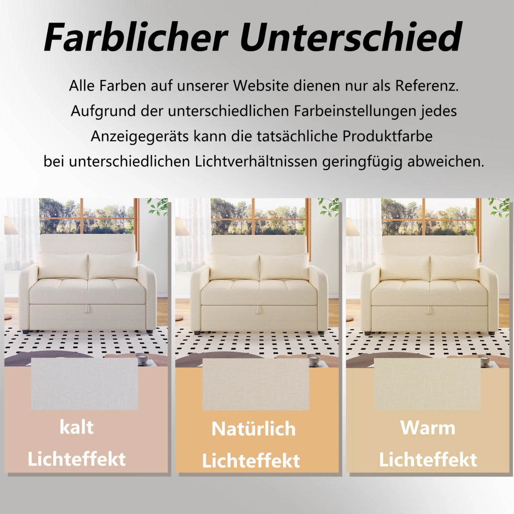 Divano Letto 2 Posti con Schienale Regolabile in 3 Posizioni e 2 Cuscini, Schiuma Beige 127 × 75 × 94 cm