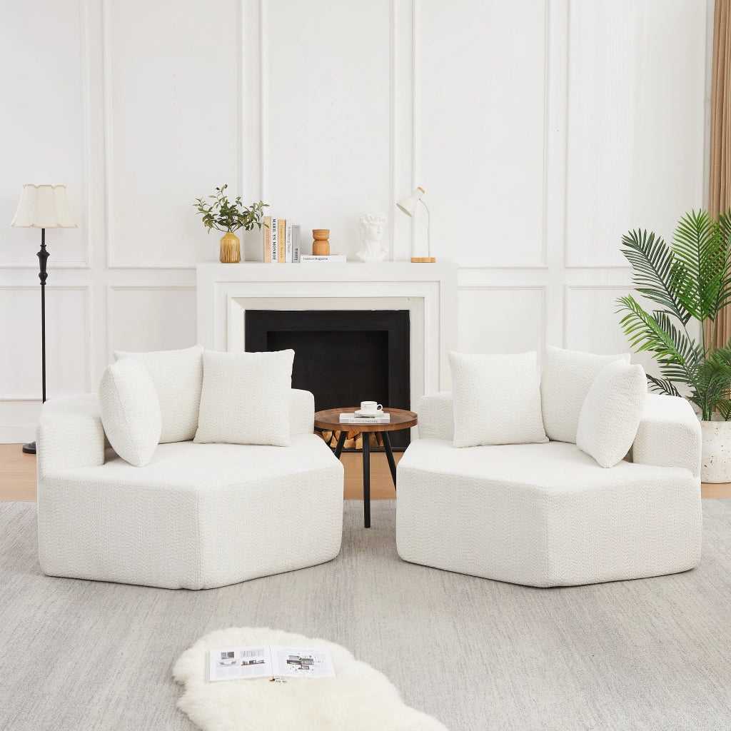 Poltrona lounge singola esagonale modulare in ciniglia a riccioli beige con tre cuscini e molle interne