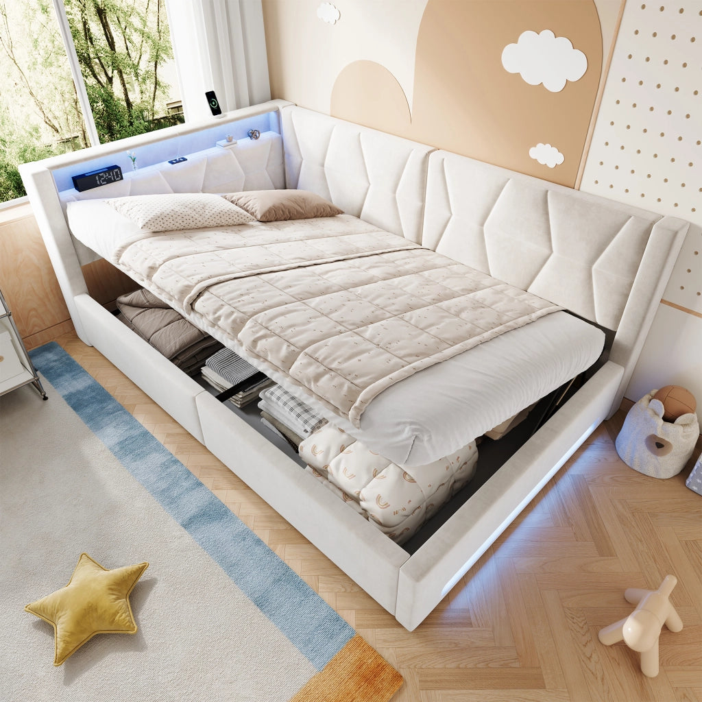 Letto divano 140x200 cm con contenitore con LED; luce testa e piedi; USB e Type-C; velluto; beige